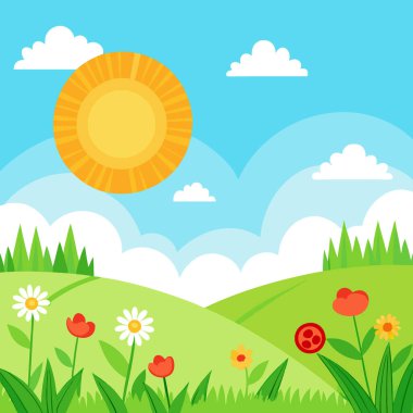 Yaz arkaplanı, çimen tarlasında güneşli bir gün ve kır çiçekleri. Yapay zeka üretildi. Vektör simgesi