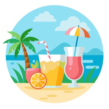 Tropik yaz tatili. Bulanık tropik plaj arka planında egzotik içkiler. Yapay zeka üretildi. Vektör simgesi