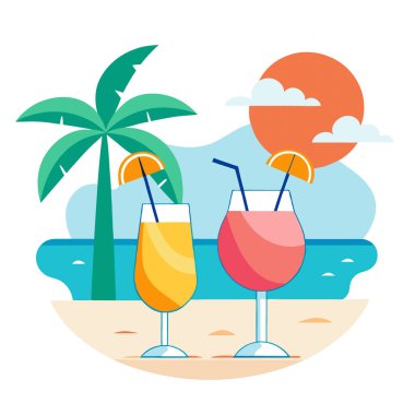 İki yaz kokteyli yapay zeka görüntülü tropik plaj içeceği. Yapay zeka üretildi. Vektör simgesi