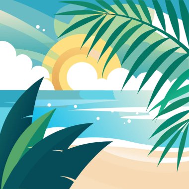 Tropik palmiye yaprakları. Bokeh güneş ışığı okyanus manzarası. Sahilsel arka plan dekorasyonu. Yapay zeka üretildi. Vektör simgesi