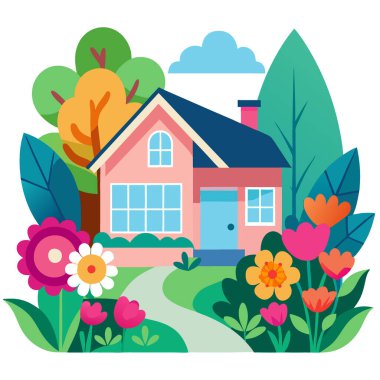 Canlı Çiçekler ve Peyzaj Geliştirme Güzel Ev 'in Kaldırım Çekimi. Yapay zeka üretildi. Vektör simgesi