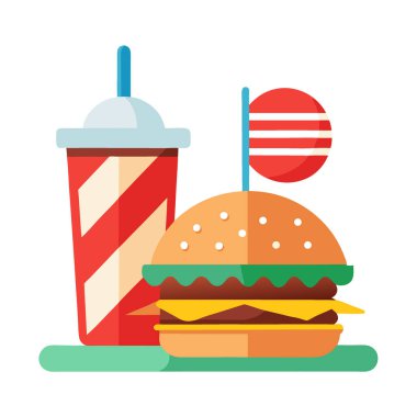 Kutlamalı Amerikan mutfağı lezzetli burger ve soğuk içecek kombinasyonu. Yapay zeka üretildi. Vektör simgesi