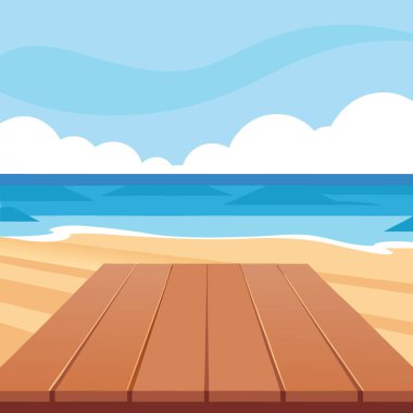 Ürünleri sergilemek için bulanık plaj arka planında boş ahşap masa. Yapay zeka üretildi. Vektör simgesi