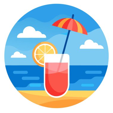 Plajda mavi deniz ve gökyüzü arkaplanlı taze kokteyl yaz içeceği. Yapay zeka üretildi. Vektör simgesi