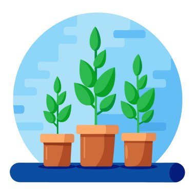 Terracotta saksılarındaki yemyeşil Manjerico bitkilerinin sıraları mavi bir duvara karşı. Yapay zeka üretildi. Vektör simgesi