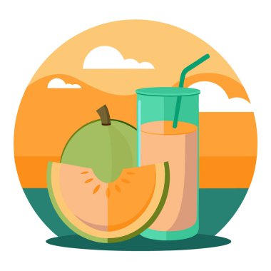 Gün batımında taze kavun dilimlerinin yanında taze kavun suyu servis edilir. Yapay zeka üretildi. Vektör simgesi