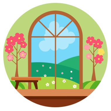 Pencereden canlı Bahar Bahçesi Manzaralı Kırsal Ahşap Masa. Yapay zeka üretildi. Vektör simgesi