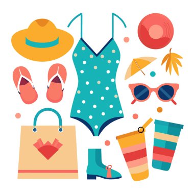 Modayı takip eden yaz modasının esasları şık düz konum düzenlemesi. Yapay zeka üretildi. Vektör simgesi