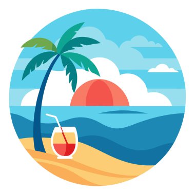 Tropik Plaj Günbatımı Kokteyli. Beyaz Kum Cenneti 'nden ferahlatıcı bir içecek. Yapay zeka üretildi. Vektör simgesi