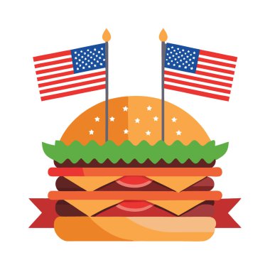 Amerikan bayrağı taşıyan kutlama hamburgerleri 4 Temmuz pikniği için hazır. Yapay zeka üretildi. Vektör simgesi
