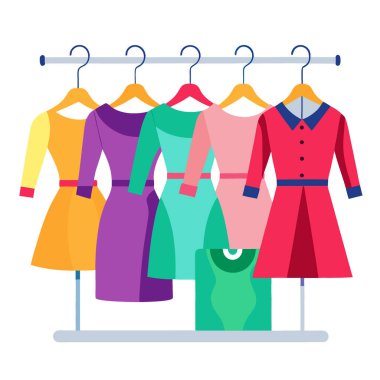 Butik Dükkanı Moda Tarzı 'nda Ahşap Askıda Renkli Kadın Giysileri. Yapay zeka üretildi. Vektör simgesi