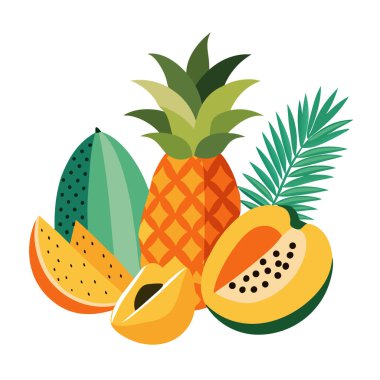 Egzotik papaya ve ananas yazı tropik meyve düzenlemesi. Yapay zeka üretildi. Vektör simgesi