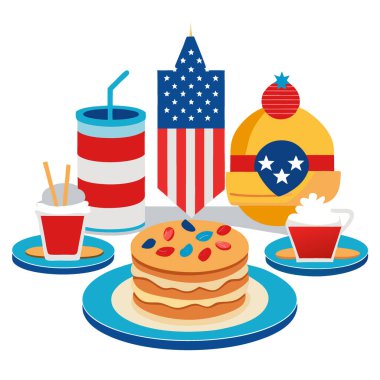 Vatansever Tatlı ve Kreplerle Şenlikli Amerikan Kahvaltısı. Yapay zeka üretildi. Vektör simgesi