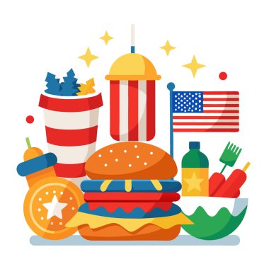 Hamburger Sosisli ve Sidesli Bayramlık Amerikan Yemek Kompozisyonu. Yapay zeka üretildi. Vektör simgesi