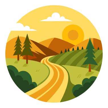 Altın Saati Kırsal Arazi, Rüzgarlı Toprak Yol ve Yaz Arazileri. Yapay zeka üretildi. Vektör simgesi