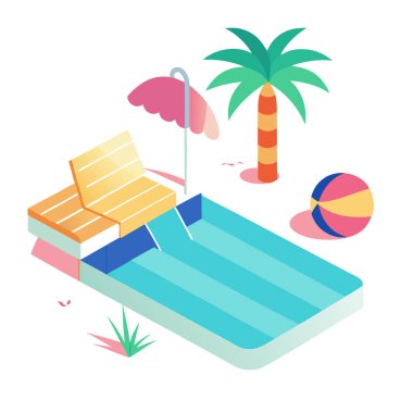 Yüzme havuzunun yanında pembe havluyla yaz havası. Yapay zeka. Yapay zeka üretildi. Vektör simgesi