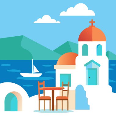 Güneşli bir günde sakin turkuaz deniz manzaralı Yunan tavernası. Yapay zeka üretildi. Vektör simgesi