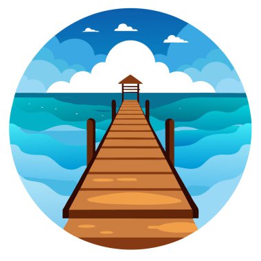 Arka planda açık gökyüzü olan sakin bir okyanusa uzanan ahşap iskele. Yapay zeka üretildi. Vektör simgesi