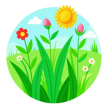 Canlı yeşil çimen çiçekleri Haziran ayında çiçek açıyor. Bitki güzelliği. Yapay zeka üretildi. Vektör simgesi