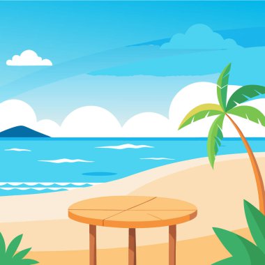 Boş alan ve açık gökyüzü olan yaz plaj manzarasının masa arkası. Yapay zeka üretildi. Vektör simgesi