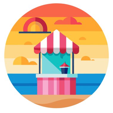 Yaz eğlencesi ve rahatlama için gün batımında canlı sahil kenarındaki dondurma büfesi. Yapay zeka üretildi. Vektör simgesi