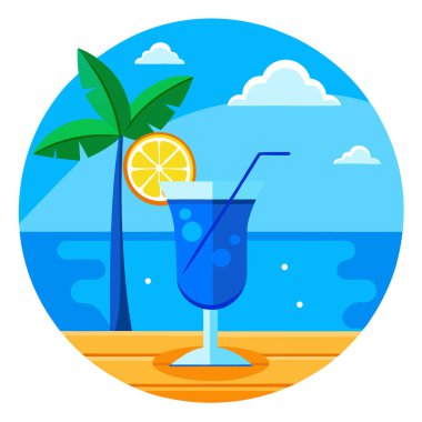 Mavi Hawaii kokteyl ahşap masa tropikal okyanusu. Yapay zeka üretildi. Vektör simgesi