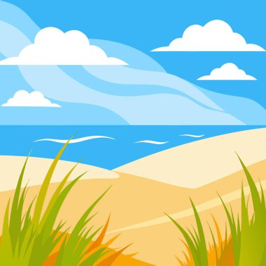 Kıyı çimenleri parlak mavi gökyüzünün altında güneşli sahilde kabarık bulutlar. Yapay zeka üretildi. Vektör simgesi
