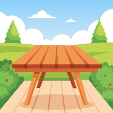 Yaz mevsiminin boş, dayanıklı, ahşap masa arkaplanı bulanık. Yapay zeka üretildi. Vektör simgesi