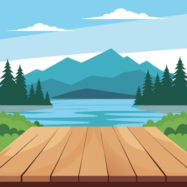 Yazın gölün ve ormanın bulanık arka planına sahip boş ahşap masa. Yapay zeka üretildi. Vektör simgesi