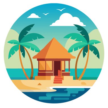 Serene Tropikal Bungalov. Sahil cenneti bizi bekliyor. Huzura doğru kaçın. Yapay zeka üretildi. Vektör simgesi