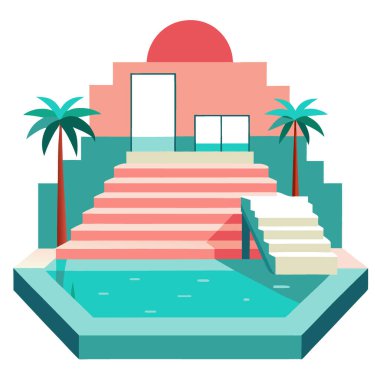 Havuz kenarındaki merdivenleri ve fayansları olan berrak su manzarası. Havuz kenarında. modern. Tatil köyü Yapay zeka üretildi. Vektör simgesi