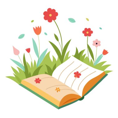 Açık bir kitap, çimenli bir tarlada kır çiçeklerinin arasında gizlidir. Yapay zeka üretildi. Vektör simgesi