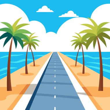 Güneşli yaz gününde, deniz palmiyelerinin önündeki boş gezinti güvertesine püskürdü. Yapay zeka üretildi. Vektör simgesi