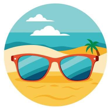 Kumlu kumsalda dinlenen şık güneş gözlükleri okyanus tarafından mükemmel bir yaz havası uyandırır. Yapay zeka üretildi. Vektör simgesi