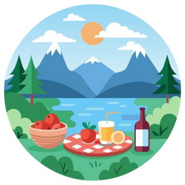 Huzurlu göle bakan romantik piknik seti. Lezzetli yemekler ve içecekler. Yapay zeka üretildi. Vektör simgesi