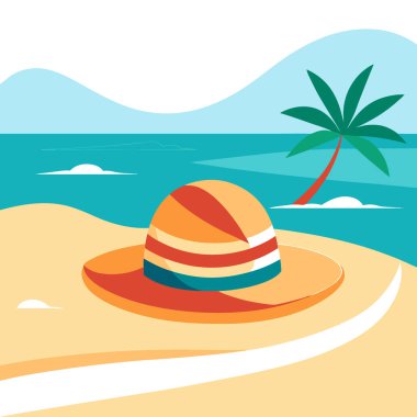 Şık bir yaz şapkası, sakin sahildeki sıcak kumun üzerinde duruyor. davetkar rahatlama. Yapay zeka üretildi. Vektör simgesi