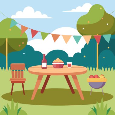 Arka bahçede boş ahşap masa ve bulanık arka planı olan bir yaz partisi. Yapay zeka üretildi. Vektör simgesi