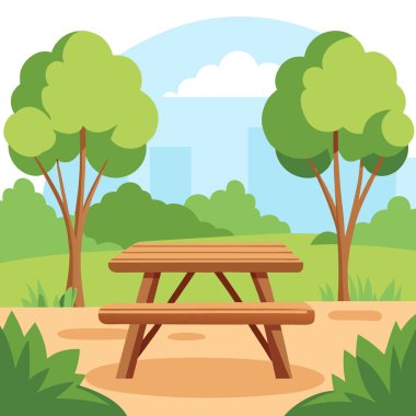 Ahşap masa, parlak güneşli bir park ortamında bulanık ağaçlara bakıyor. Yapay zeka üretildi. Vektör simgesi