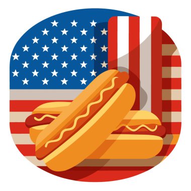 Hardallı Klasik Amerikan Sosislileri ve Tahta Yüzeyde Amerikan Bayrak Arkaplanı. Yapay zeka üretildi. Vektör simgesi