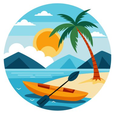 Tropik sıcak yaz mevsiminde kayak teknesi ve deniz plajının reklam afişi. Yapay zeka üretildi. Vektör simgesi