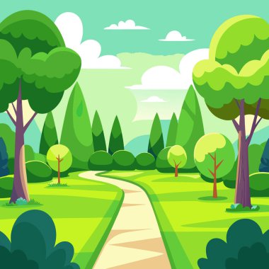 Parlak bir yaz gününde ağaçlar ve çalılarla çevrili manikürlü yeşil bir çimen. Yapay zeka üretildi. Vektör simgesi