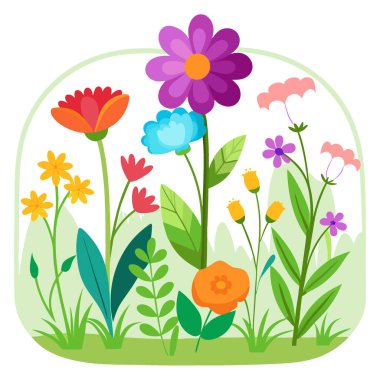 Şeffaf arka planda büyüyen renkli kır çiçekleri canlı çiçek sınırında. Yapay zeka üretildi. Vektör simgesi