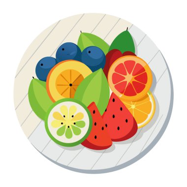 Beyaz ahşap bir yüzey üzerinde bir tabakta sergilenen taze meyve dilimlerinin çeşitliliği. Yapay zeka üretildi. Vektör simgesi