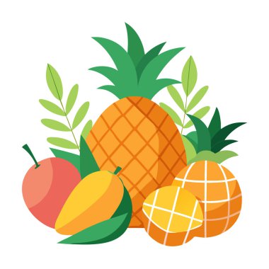 Tropik meyve aranjmanı. Mangolar ve tropikal yaz yaşamı. Yapay zeka üretildi. Vektör simgesi