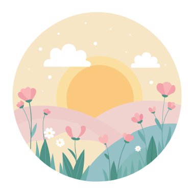 Hassas çiçeklerle dolu bir tarlada gün doğumu. Yumuşak pastel çiçekler ve altın ışık yapay zekayı oluşturdu. Vektör simgesi