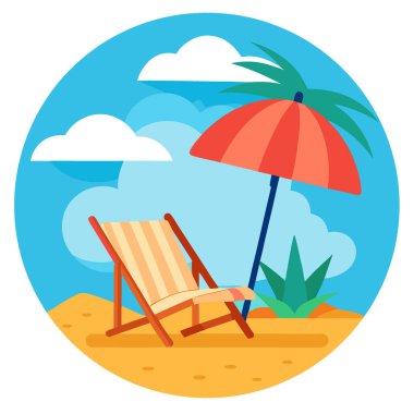 Plaj sandalyesi ve şemsiyesi şeffaf arka planlı tatil sahnesi. Yapay zeka üretildi. Vektör simgesi