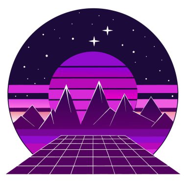 Mor Gökteki Neon Işıkları ve Yıldızları ile Retro Futuristik Buhar Dalgası Manzarası. Yapay zeka üretildi. Vektör simgesi