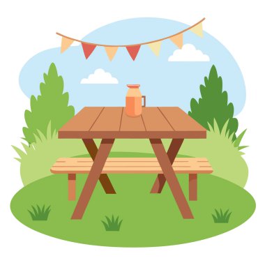 Kırsal ahşap masa, yazın bahçe partisinin arka plan düzenlemesini bulanıklaştırdı. Yapay zeka üretildi. Vektör simgesi