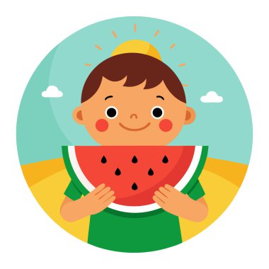 Güneşli bir günde bir çocuğun elleri sulu bir karpuz dilimini tutuyor. Yapay zeka üretildi. Vektör simgesi