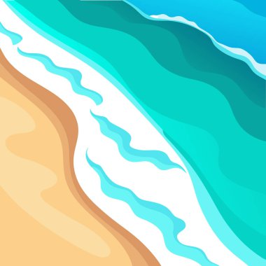 Sakin turkuaz okyanus dalgalarının kumlu bir sahile nazikçe vuruşunun havadan görüntüsü. Yapay zeka üretildi. Vektör simgesi